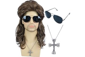 AMZCOS 80s Brown Mullet Wigs for Men with Glasses and Cross Necklace - Retro 80s Fashion Heavy Metal Rock-Rocker Hairstyle Wigs - Perfect for Themed Party, Role-Playing, Halloween, Cosplay, and Costume