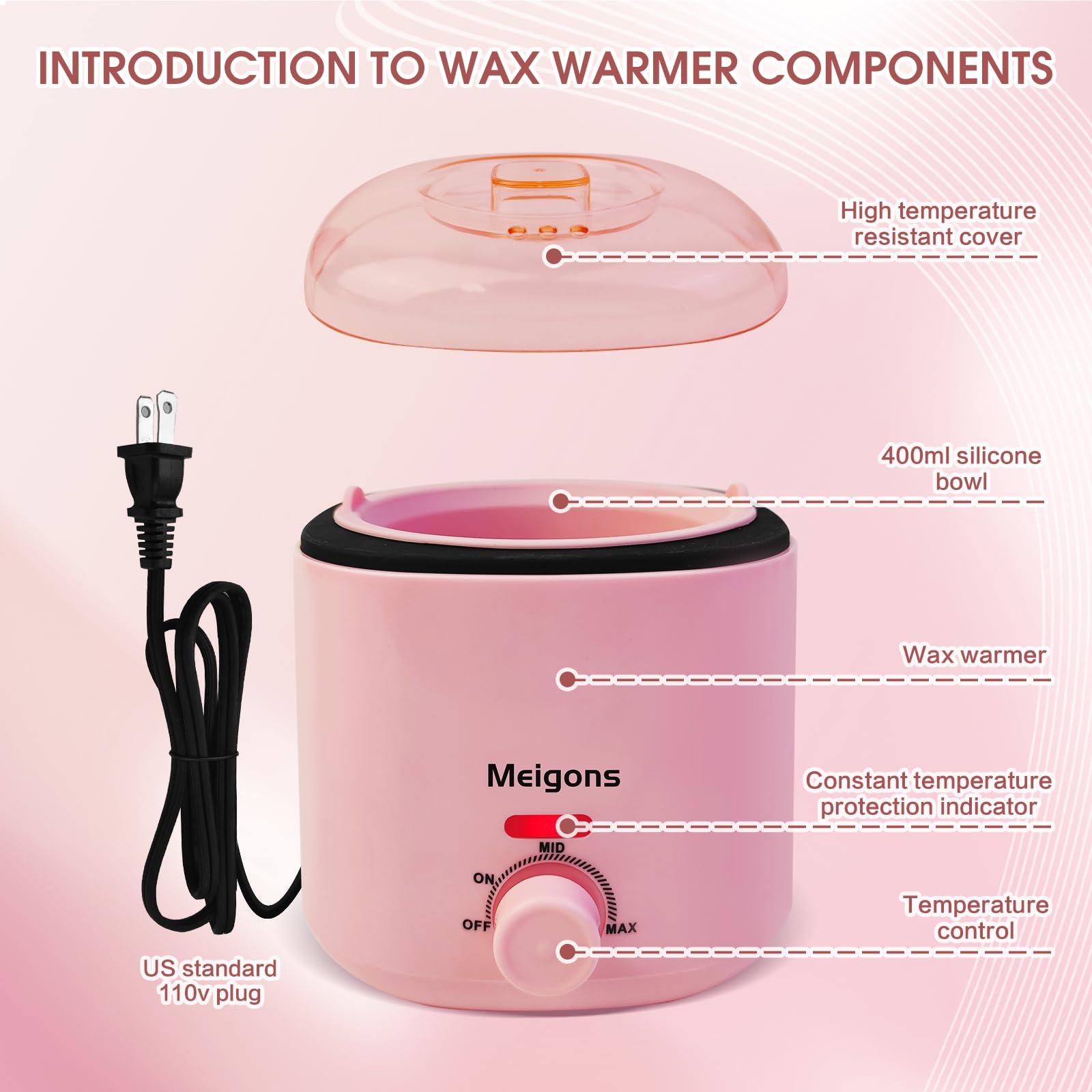400ML Hair Removal Wax Warmer, Women Men Home Wax Heater with 20 Wax Sticks, 4 Bags of Wax Beans and 1 Silicone Bowl (Pink)
