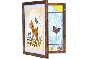 Giftgarden Rustic Brown Kids Art Frame Changeable, Matted Display 8.5x11 Picture with Mat or 10x12.5 without Mat, Hinged Wood Frames for Children Artwork Projects Drawing Storage, Holds 150Pcs A4