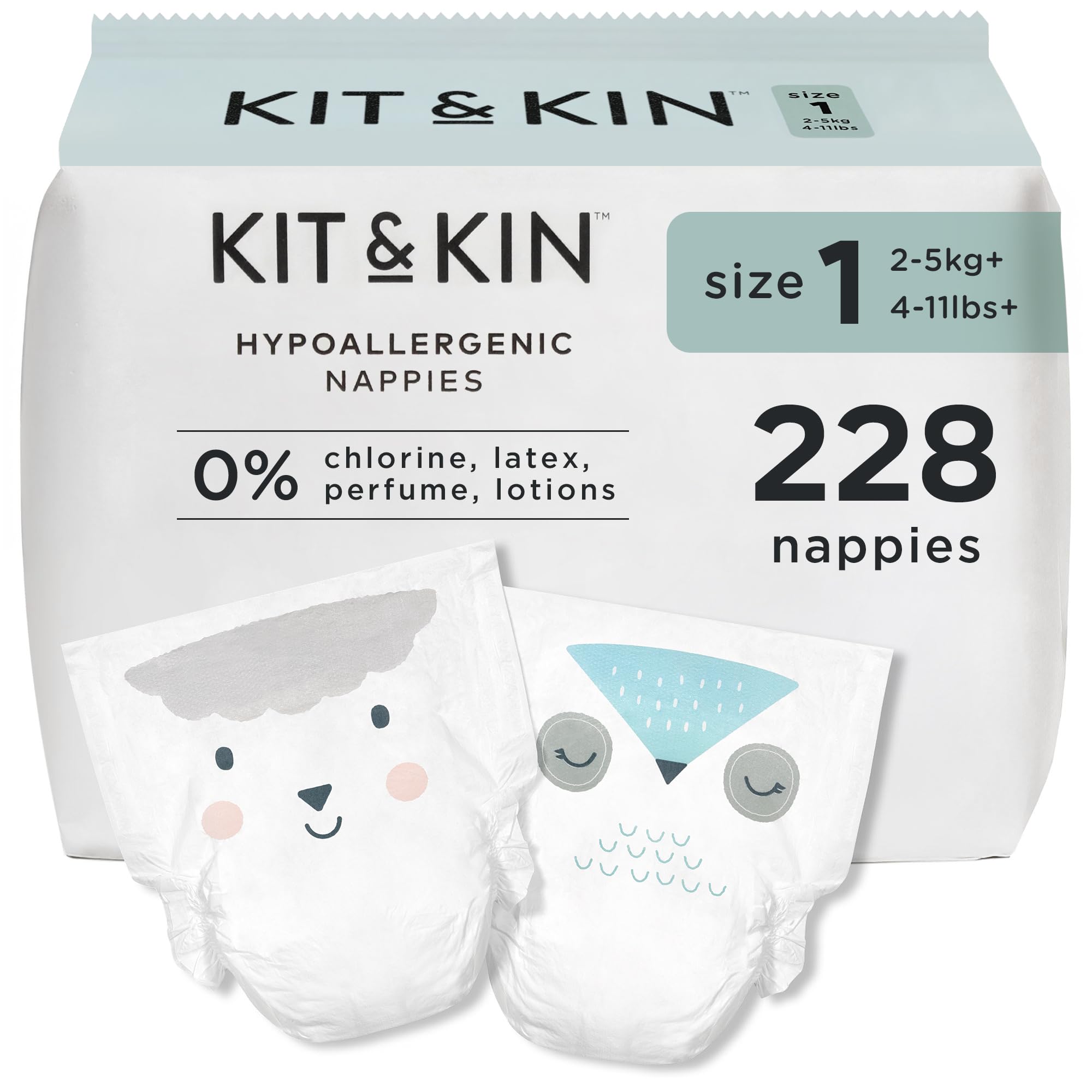 Kit & Kin Premium Baby Nappies Size 1 | Newborn 2-5 kgs / 4-11 lbs | Pack of 228 Nappies | Plant-Based Materials On Baby's Skin | Hypoallergenic | Superior Leak Protection