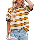 NILOINE Womens Summer Tops Striped Color Block Short Sleeve T-Shirts Color Block Crewneck Casual Loose Basic Tee Blouses