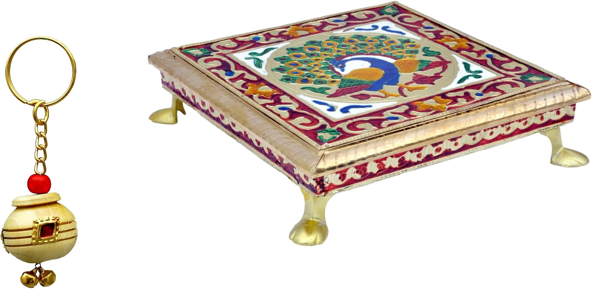 Genius Bird Wooden Pooja Chowki Pata Peacock with Key Chain (Multicolour, 18x18x4,5cm)