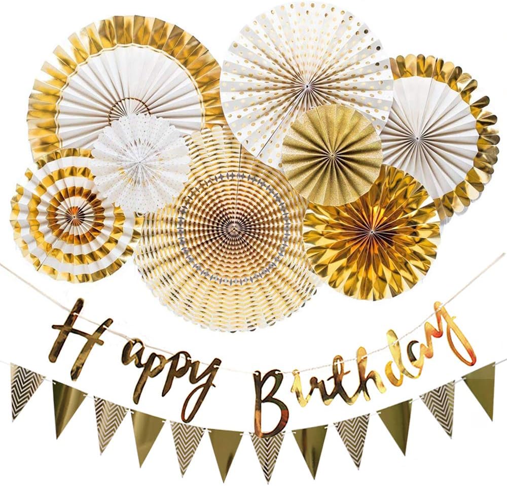 Gold Paper Fan Hanging Decorations Set with Gold Happy Birthday Banners, Pennant Banners for Party Supplies, Wedding, Baby Shower, Events Accessories 10 Pcs