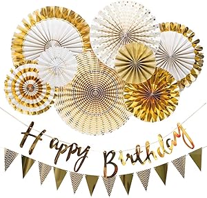 Gold Paper Fan Hanging Decorations Set with Gold Happy Birthday Banners, Pennant Banners for Party Supplies, Wedding, Baby Shower, Events Accessories 10 Pcs