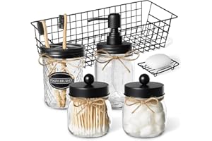 DHAEE Mason Jar Bathroom Accessories Set(6PCS) - Soap Dish,Apothecary Jar Canisters,Toothbrush Holder,Lotion Soap Dispenser,Metal Wire Storage Organizer Basket,Home,Farmhouse,Rustic Decor (dark black)