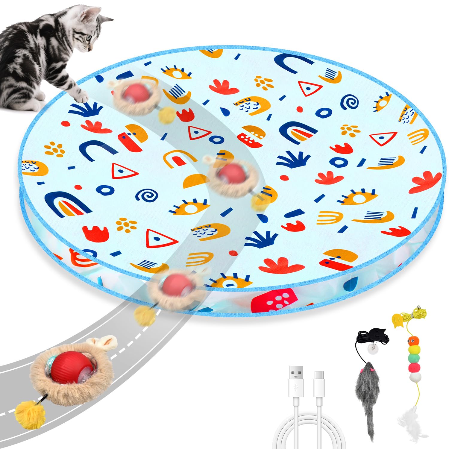 Photo 1 of Henyopet Interactive Cat Toys, Hide and Seek Cat Enrichment Toys for Indoor Cats, Automatic Cat Toy Fast Rolling Ball in Play Mat for Bored Indoor Adult Cats & 2PCS Hanging Feather Toy (28 Inch)