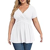TIANZHU Women's Plus Size Dressy Tops Wrap Shirt Short Sleeve Tunic Top V Neck Low Cut Cute Blouse