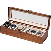 Exper City Watch Box, Watch Case for Men Women with Large Glass Lid, Wooden Watch Display Storage Box with 6 - Slots, Classic Walnut Mens Watch Box Organizer