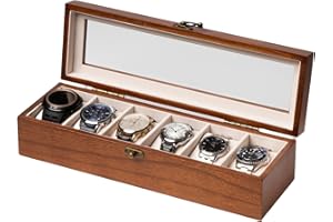 Exper City Watch Box, Watch Case for Men Women with Large Glass Lid, Wooden Watch Display Storage Box with 6 - Slots, Classic Walnut Mens Watch Box Organizer