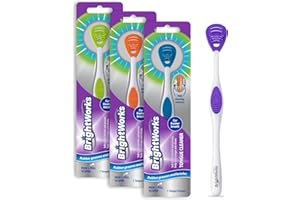 BRIGHTWORKS Tongue Cleaner (3-Pack) with Gentle Cheek Scraper. Two-Sided Head with Dual Action Cleaning for Fresh Breath.