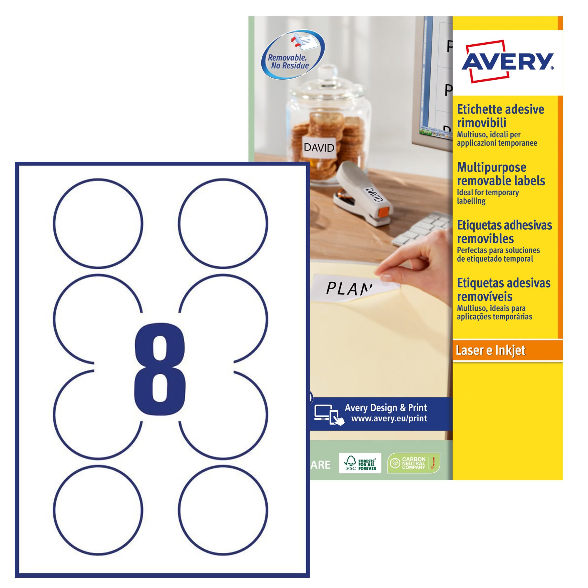 Avery L4852REV Removable Round Labels – 200 Labels (63.5 mm, 25 Sheets) 8 per Sheet JamFree™ A4 Sheets for All Printers, No-Residue, Temporary Adhesive