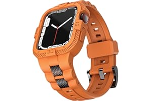 GELISHI Compatible with Apple Watch Band 45mm Series 7/ Series 8 Case Bumper, Sport Men Band with Rugged Protective Case, TPU Military Band Tough Cover Shockproof, Orange