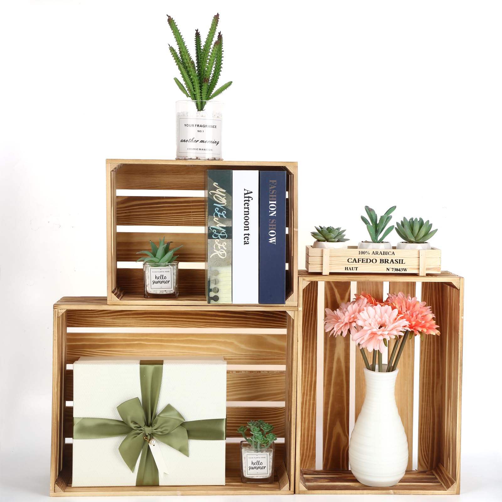 Photo 1 of Soaoo 3 Pcs Decorative Nesting Wooden Crates for Storage Display, 3 Sizes Rustic Wood Decorative Storage Crates with Handle Farmhouse Crate Box Container(Wood Color)