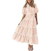 PRETTYGARDEN Women's Summer Button Down Shirt Dress Short Puffy Sleeve Tiered Ruffle Flowy Long Maxi Dresses