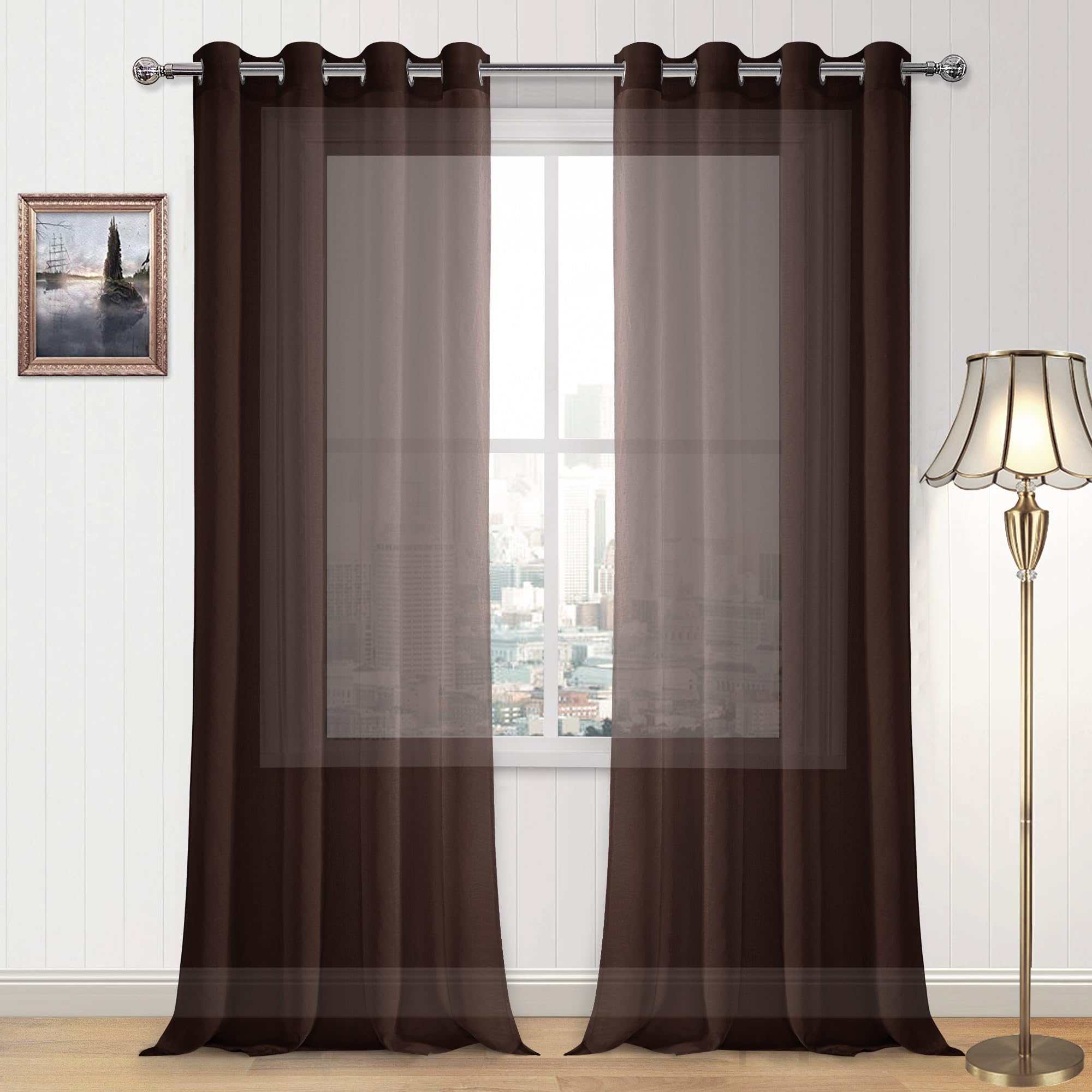 DWCN Brown Sheer Curtains Linen Look Semi Transparent Voile Grommet Curtains for Living Room Bedroom Drapes 52 x 90 inches Long, Set of 2 Panels