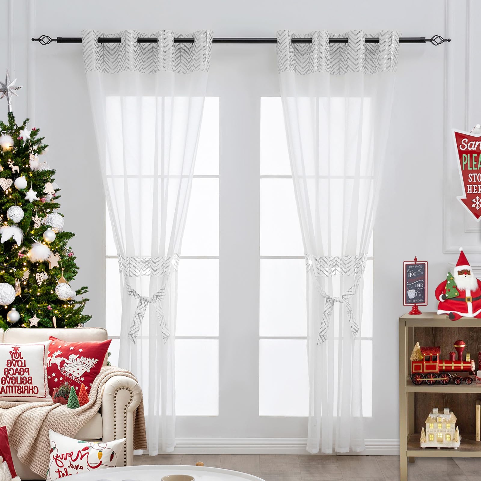 L.Z.E Silver and White Sheer Curtains for Living Room 69-70 Inch Drop with Eyelet Silver Curtains & Drapes for Bedroom Kitchen Bay Windows 175 cm Long Transparent Window Sheers with Tiebacks