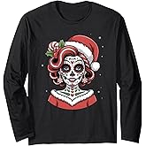 Christmas Sugar Skull Art Woman Santa Hat Festive Design Long Sleeve T-Shirt
