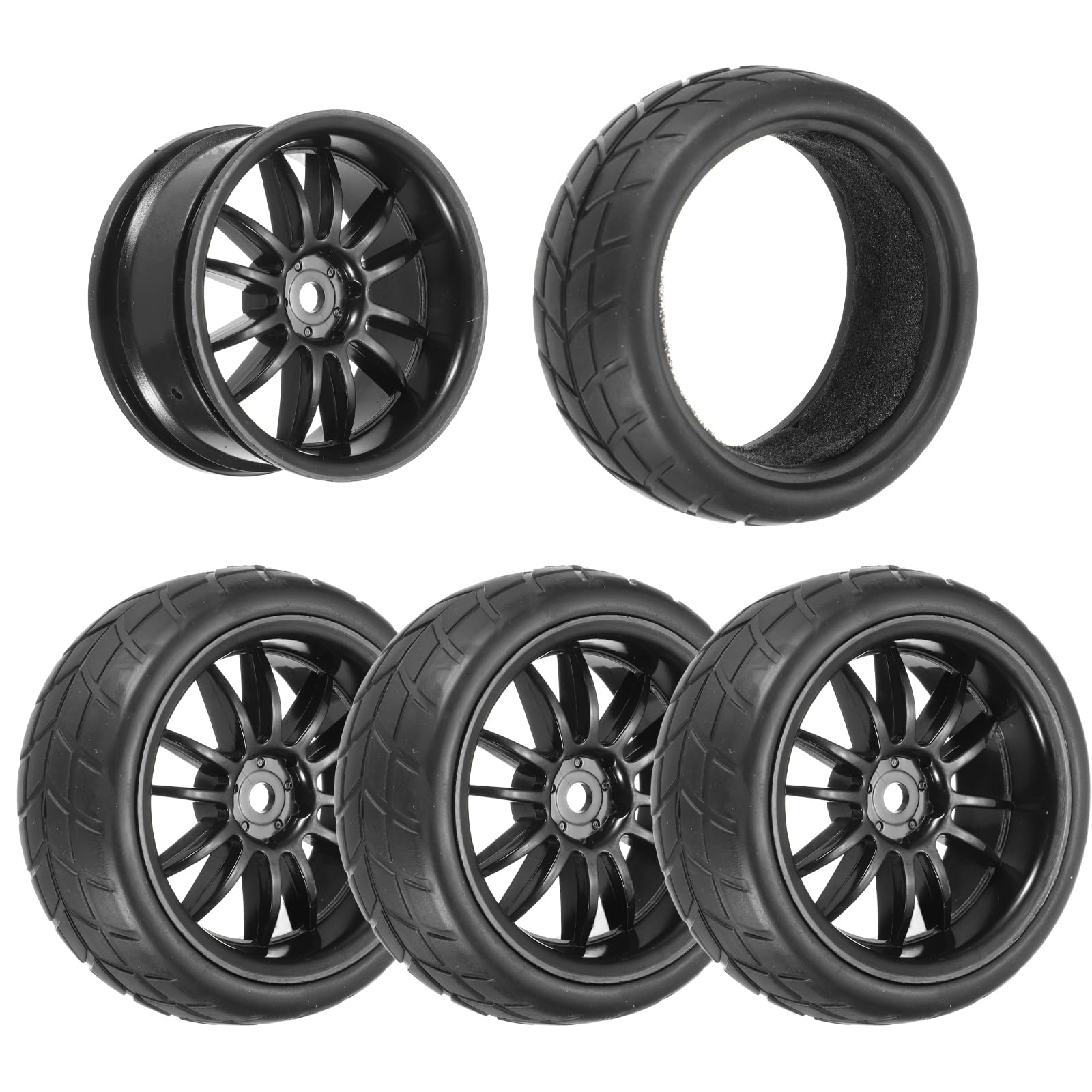 sourcing map 4-Pair High-Grip RC Car Tire & Wheel Set for 1/10 Scale On-Road Touring Cars - Soft Rubber Tyres with 12mm Hubs, Black, Type H