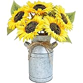 Winlyn Artificial Sunflowers in Rustic Galvanized Metal Milk Vase 12" Tall Farmhouse Centerpiece Yellow Silk Sunflower Stems Floral Arrangements for Country Fall Wedding Home Kitchen Table Décor