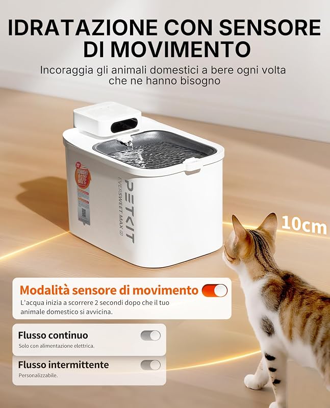 EVERSWEET MAX 2 Fontanella per Gatti Senza Fili, 3L Fontana per Gatti con Sensore, Lavabile in Lavastoviglie, 25dB Ultra Silenziosa, Controllo App Intelligente, 5000 mAh Grande Autonomia