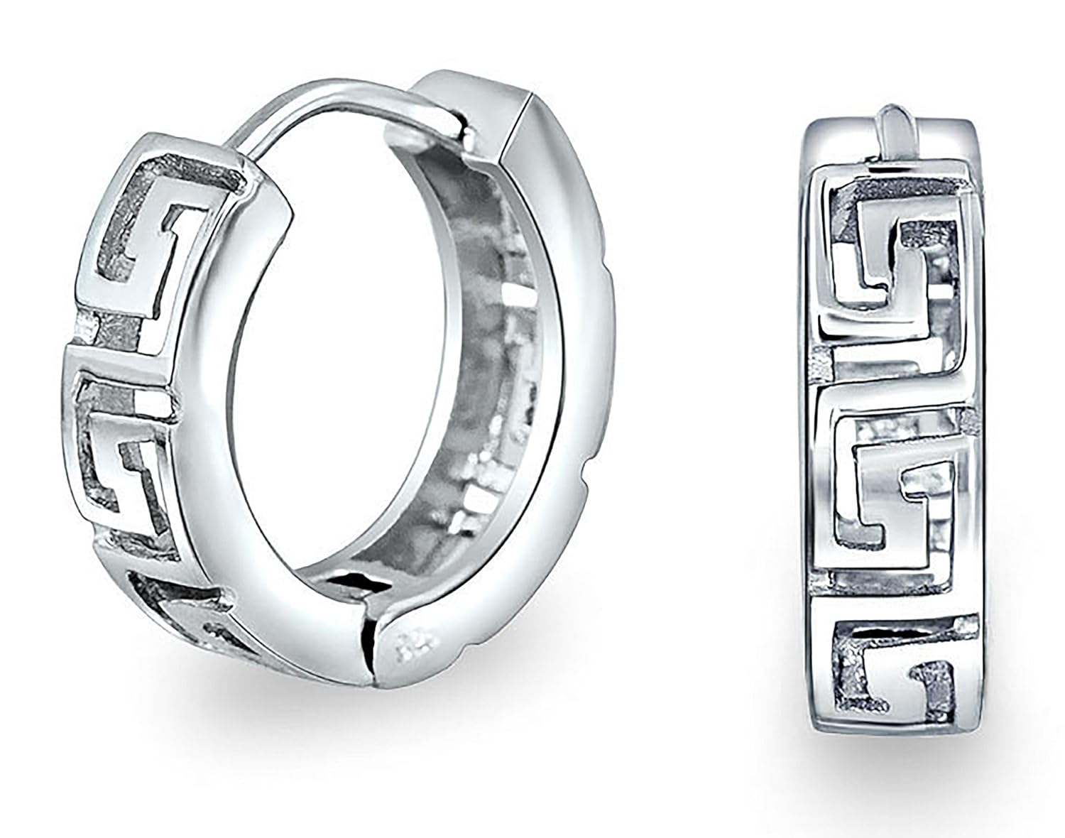 Greek Key Cutout Kpop Huggie Hoop Earrings For Women For Men Rose Gold Plate Sterling Silver Hinge Dia 0.60 Inch