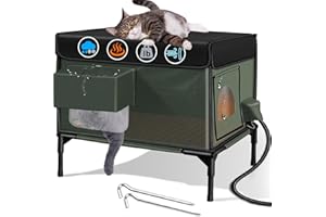 LUBLACET Heated Cat House for Outside Cat Insulated in Winter,Fully Waterproof,with Adjustable Awning,Escape Door,Indoor Outdoor Cat Shelter for Feral Stray Barn Cat to Stay Warm&Dry,Army Green,13x22x20in