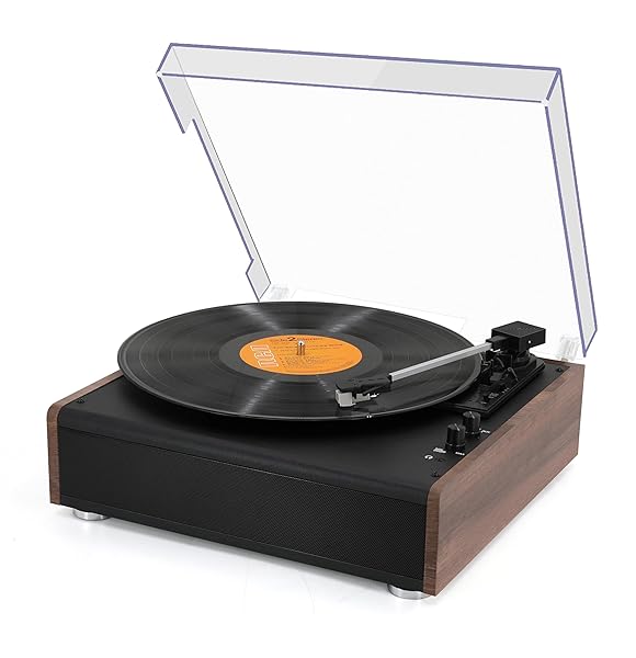 VINYL RECORD PLAYER BLUETOOTH WIRELESS TURNTABLE WITH BUILT-IN SPEAKERS AND 3 SPEED BELT-DRIVEN VINTAGE PHONOGRAPH RECORD PLAYER WITH MAGNETIC CARTRIDGE, RCA OUT, AUX IN, HEADPHONE JACK (BROWN)