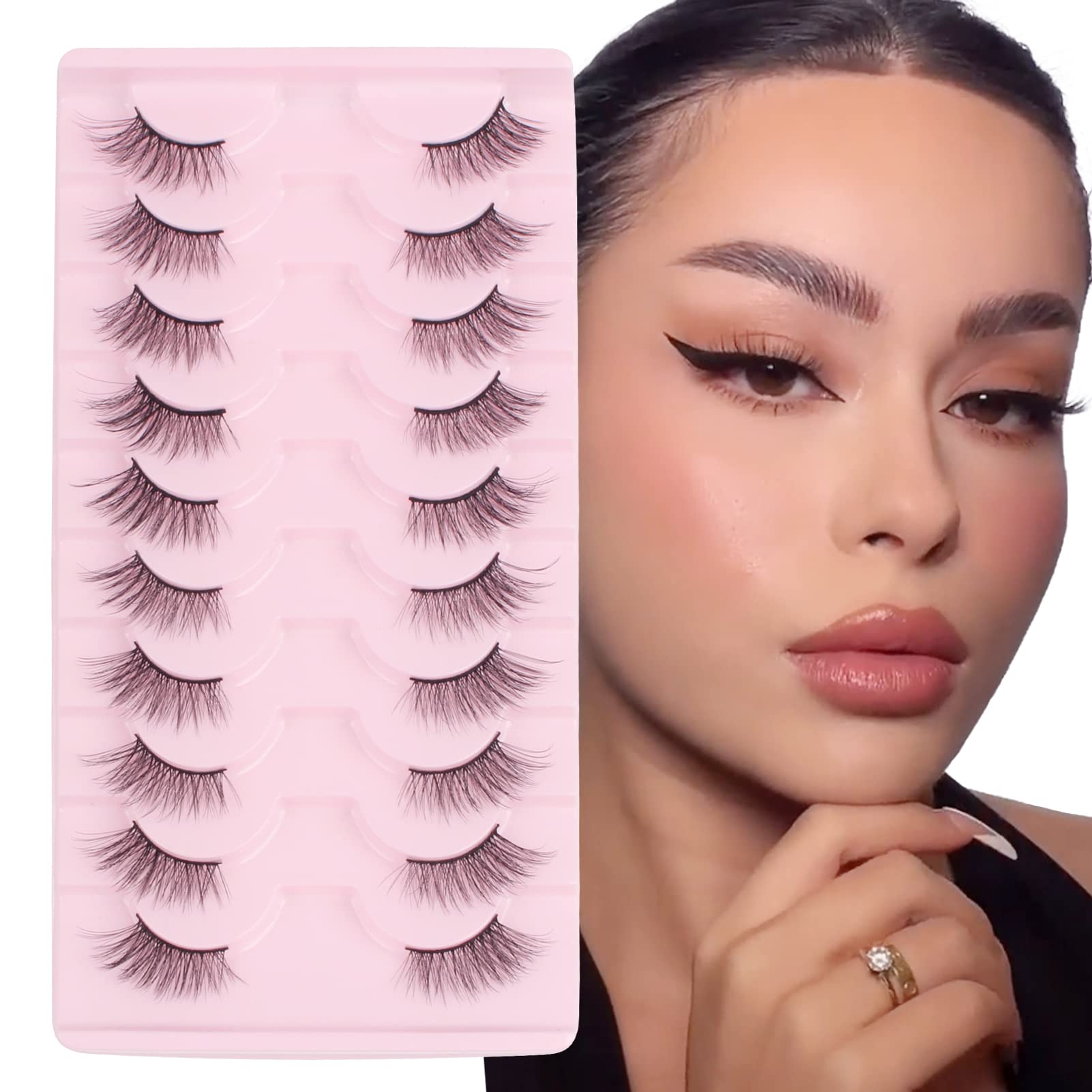 Glowingwin Half Wispy Cat Eye False Eyelashes - Natural Look 10 Pairs Soft 3/4 Corner Lashes - Handmade Strip Reusable Fluffy Faux Mink — image 1