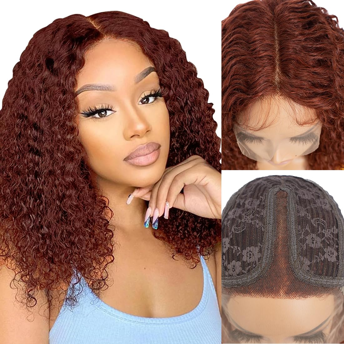 Short Kinky Curly Lace Front Wig 14 inch Bob Deep Curly 13X4X1 HD Lace Front Wig for Women Brazilian Virgin Human Hair Wigs with Bangs Natural Looking 33A