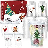 Xuelimei 16oz Christmas Disposable Plastic Cups with Strawless Sip Lids-Xmas Tree Santa Reindeer Snow Cold Drinks, Coffee, Beer, Drinks, Ice Cream, Drinking Cups for Holiday Party Supplies. (50)