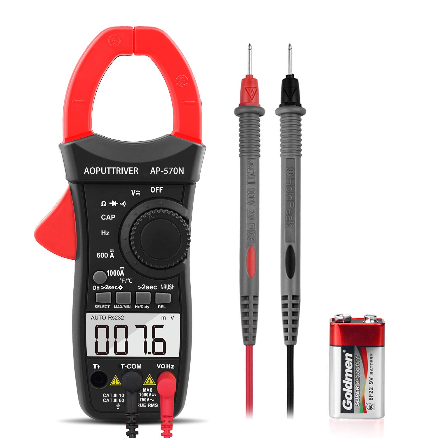 Digital Clamp Multimeter AP-570N Auto Range True RMS Clamp Meter 6000 Counts Multimeter，AC/DC Voltage，Current，Resistance, Capacitance，Frequency，Duty Cycle, Temperature and Diode Test with Data Hold