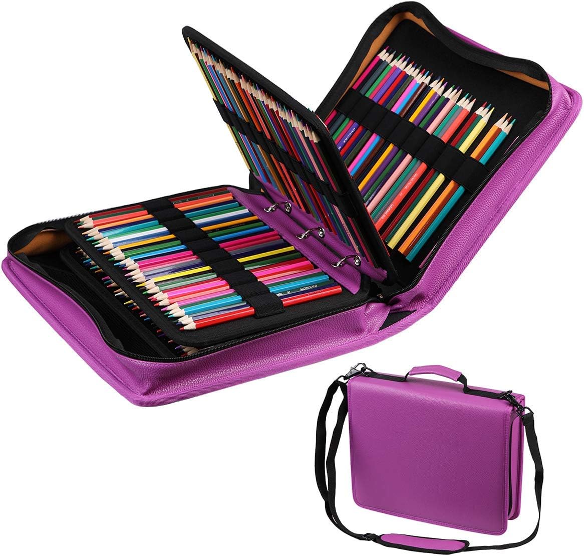 210 Slots Colored Pencil Case PU Leather Pencil Holder Large Capacity Pen Bag Marker Carrying Case for Prismacolor, Watercolor Pencils, Colored Pencils, Gel Pens, Cosmetic Brush Organizer (Purple)