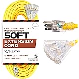 50 Foot Lighted Outdoor Extension Cord with 3 Electrical Power Outlets - 10/3 SJTW Yellow 10 Gauge Extension Cable with 3 Pro