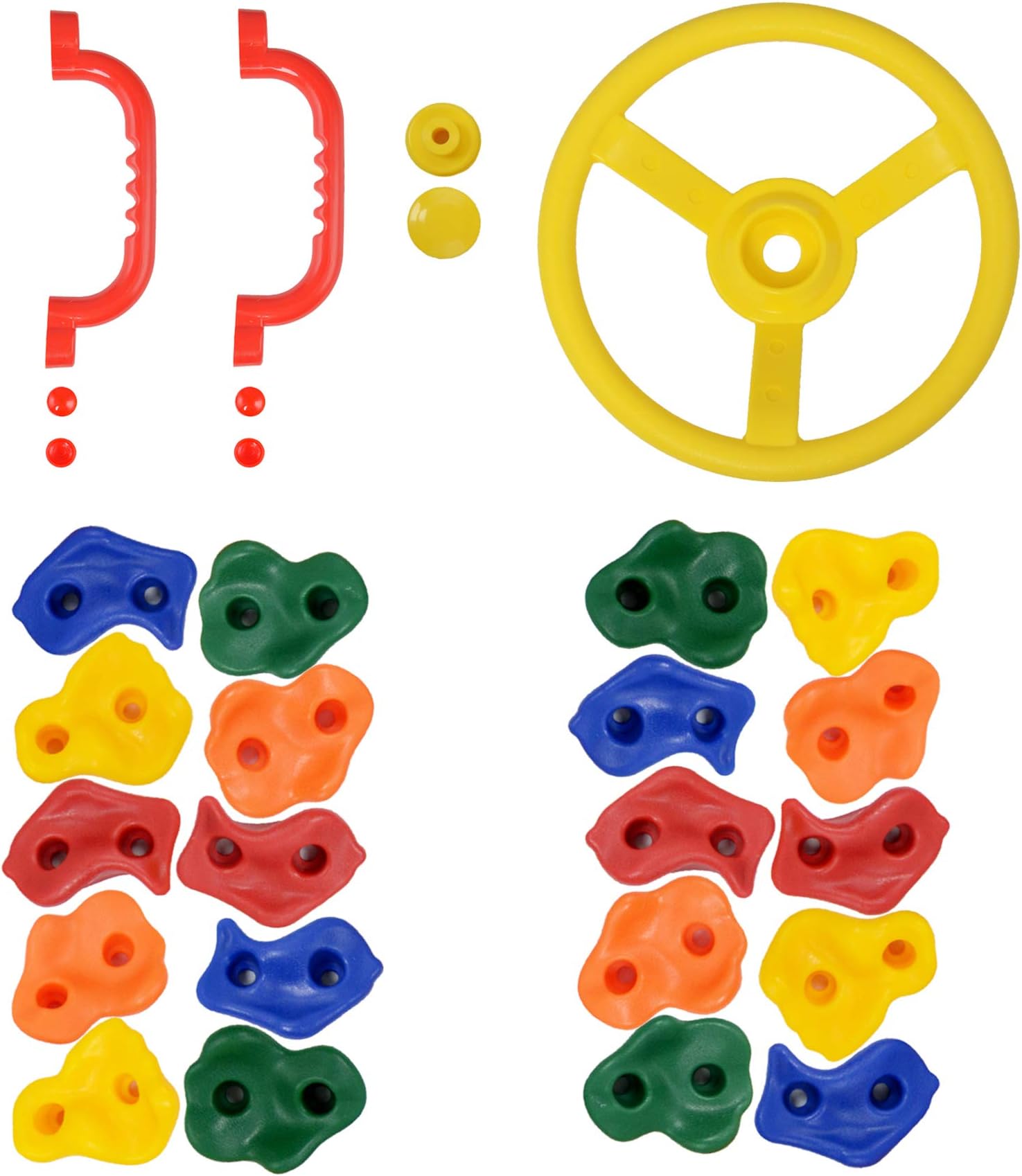 Jozeit 20 pcs DIY Rock Climbing Holds Stone with Steering Wheel Set - Incl. Mounting Screws and Hooks Hardware Included - for Kids Indoor and Outdoor Play Set Use