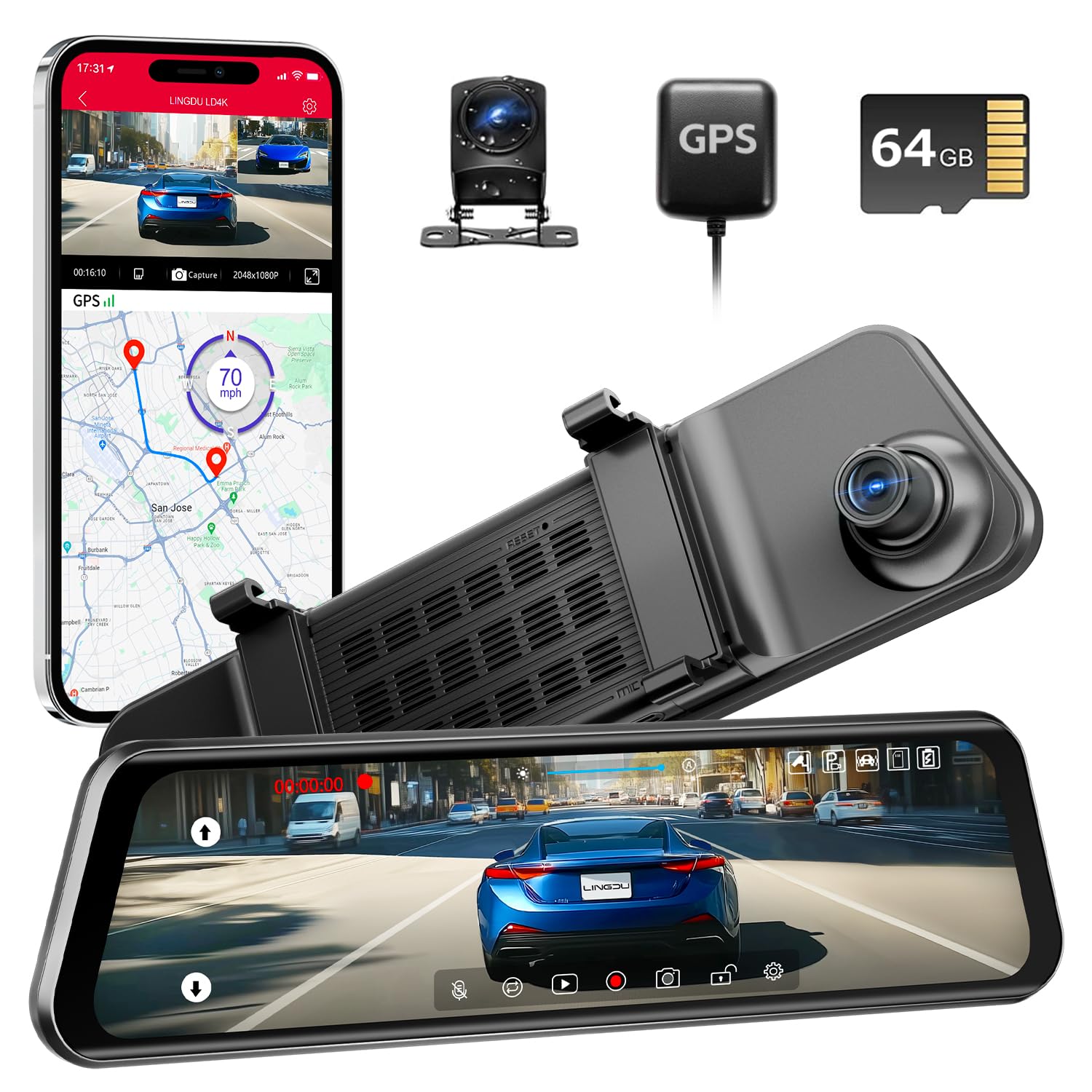 Photo 1 of LINGDU 12" Mirror Dash Cam, 4K UHD Front and 2.5K Rear View Dash Camera for Car, with ADAS BSD LCA Smart Mode, GPS, G-Sensor, Loop Recording, Parking Monitor, Voice Control, 5.8GHz WiFi