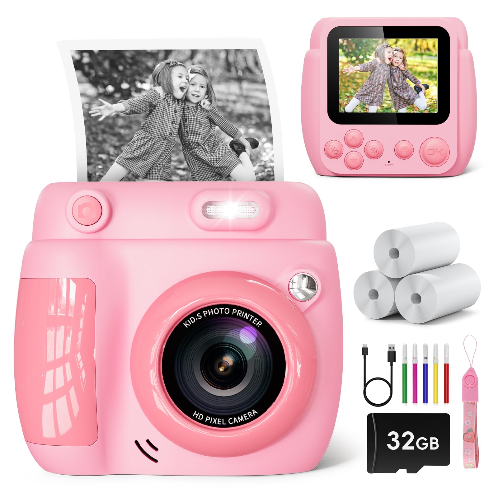 View 1 of **UNTESTED**
Kids Camera Instant Print, Christmas Birthday Gifts Toys for 3-10 Year Old Girls Boys, 1080P Video 20MP Toddler Digital Camera with 3 Rolls Printing Paper & 32GB Card - Pink