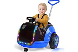 ANPABO 3-in-1 Electric Push Ride On Car, 12V Kids Ride On Toy w/Remote Control, 360° Spin, 5-Point Safety Belt, Colorful LED Light, Music Player, Push Car for Toddler Ages 1-3 (Blue)