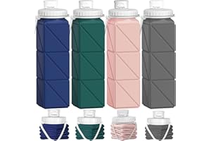 Popdigito 4pack Collapsible Water Bottles, 20.6oz Foldable Water Bottle BPA Free Reusable Lightweight LeakProof Travel Silicone Water Bottles for Travel, Gym, Hiking, Office, Camping, Sports Portable