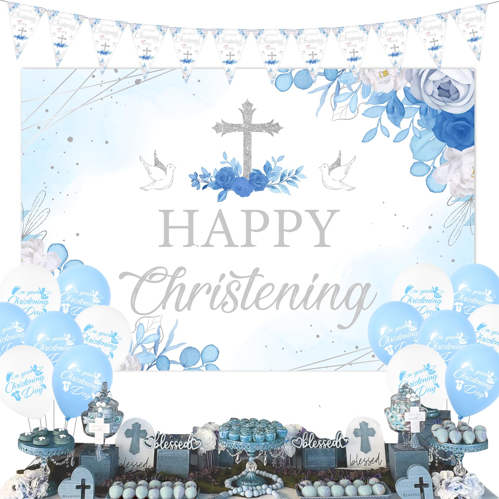 Sursurprise Christening Decorations Blue for Boys, Happy Christening Backdrop, On Your Christening Day Banner, First Holy Communion Baby Shower Baptism Party Supplies