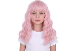 WAVELNM Pastel Pink Wigs for Kids Girls Light Pink Wig with Air Bangs Child Short Wavy Curly Wig Kids Daily Halloween Party Cosplay Wigs