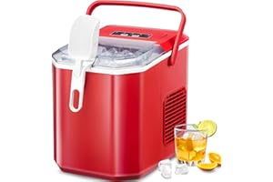 Crzoe Ice Makers Countertop, Ice Machine with Handle, 26Lbs in 24Hrs, 9 Cubes Ready in 6 Mins, Self-Cleaning Portable Ice Maker, 2 Sizes of Bullet Ice Cubes for Home and Office(RED)