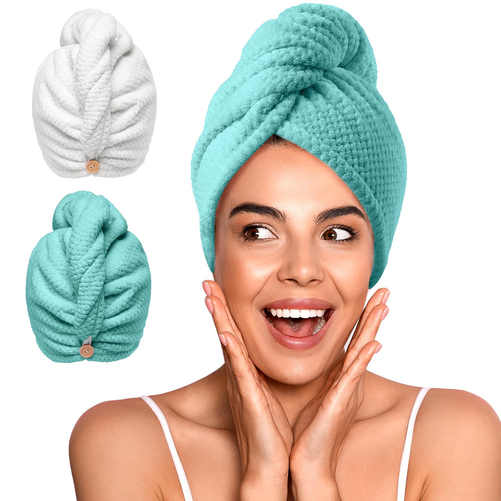Photo 1 of YFONG 2 Pack Microfiber Hair Towel Wrap for Women, Super Absorbent Quick Dry Hair Turban for All Hair Style Anti Frizz, Large Hair Drying Towel with Button