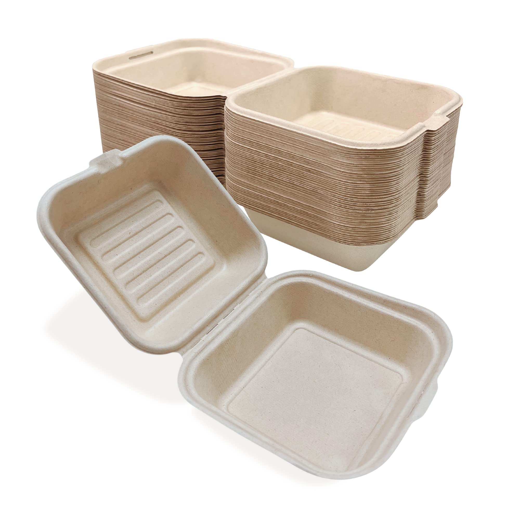 DISPOSABLE GREEN – Bagasse Clamshell Food Containers, Disposable Food Containers, Takeaway Boxes for Hot, Cold, Wet, & Oily Food, Unbleached Meal Prep Container, 15.5 x 15 x 5/8 cm, 50-Pcs