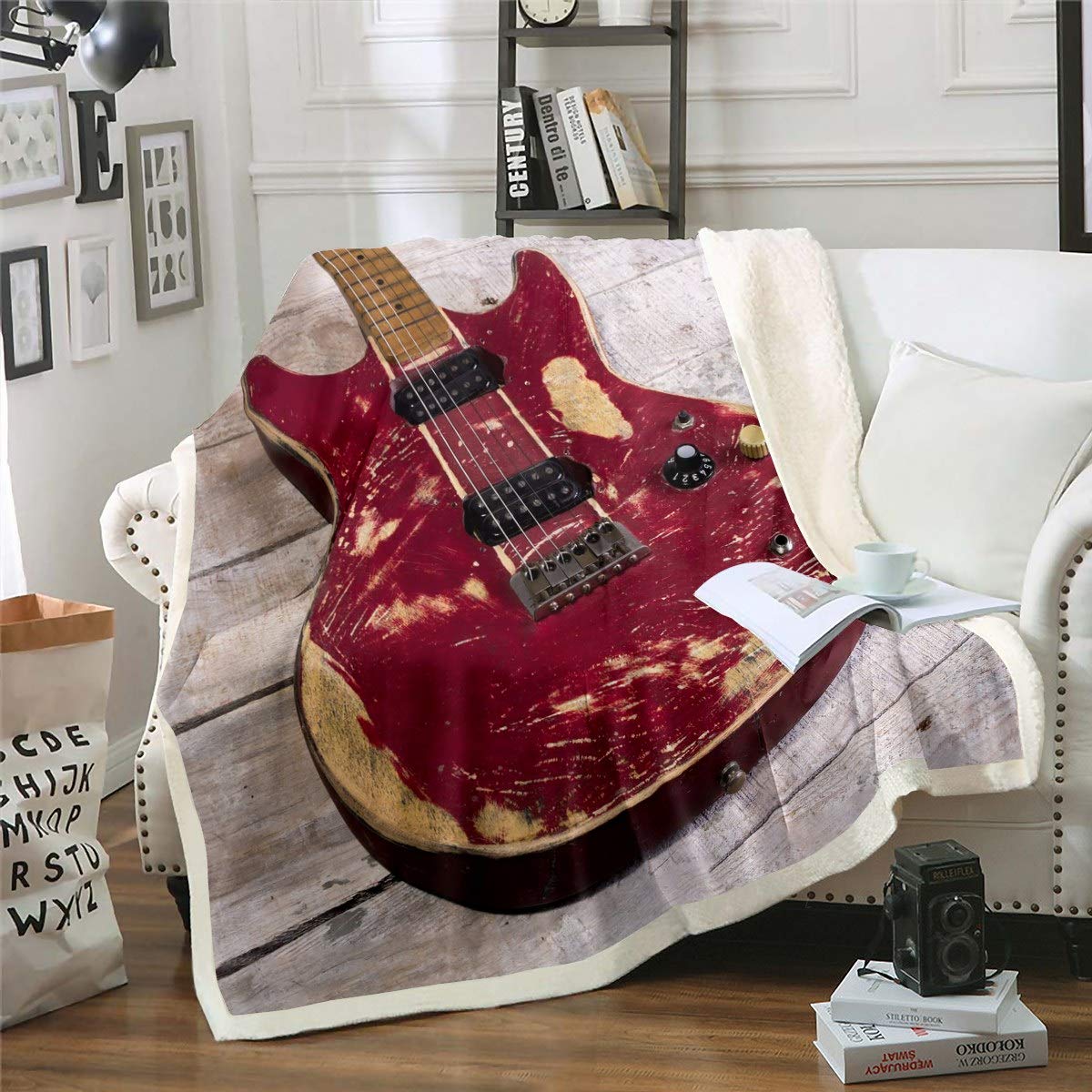 Loussiesd Guitar Fleece Throw Blanket - Red Plush for Sofa Bed, Rock Music Themed Sherpa With Musical Pattern, Fuzzy Retro Vintage Room Decor - Single 50x60 Inch