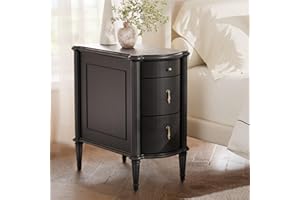 STO'SENSE Nightstand w/Charging Station & 3 Drawers, Pre-Assembled, Vintage Side Table w/Antique-Finished Pulls, Rustic Wood Finish, Narrow End Table w/Turned Legs for Bedroom (1, Black)