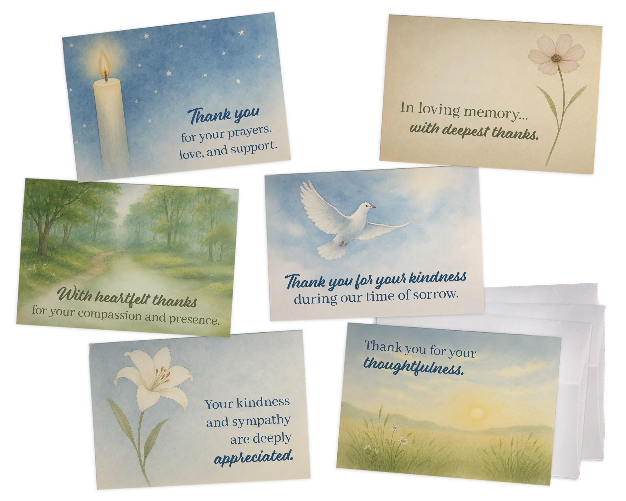 Photo 1 of 24 Pack Memorial Thank You Cards – Watercolor Sympathy Notes with Envelopes – Bereavement Acknowledgement Cards for Funeral, Loss of Loved One, Grief, Condolence, Celebration of Life