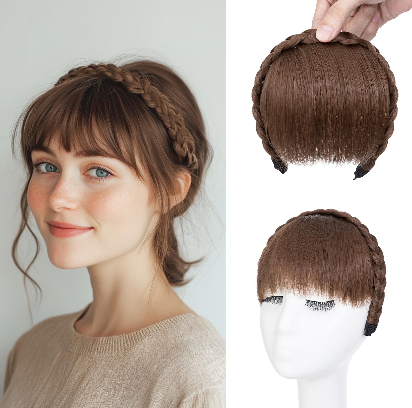 S-noilite Headband with Bangs, Front Hair Bangs Wigs Headband, Synthetic Braided Headband Wig with Bangs Fringe Hair Extensions Hairpiece for Women Girls - Light Brown