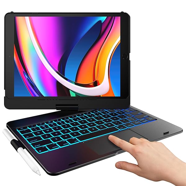 TYPECASE TOUCH FOR IPAD 9TH GENERATION CASE WITH KEYBOARD (10.2″, 2021),MULTI-TOUCH TRACKPAD,10 COLOR BACKLIGHT, 360° ROTATABLE, THIN & LIGHT FOR 8TH GEN (2020),7TH GEN (2019), AIR 3,PRO 10.5 (BLACK).