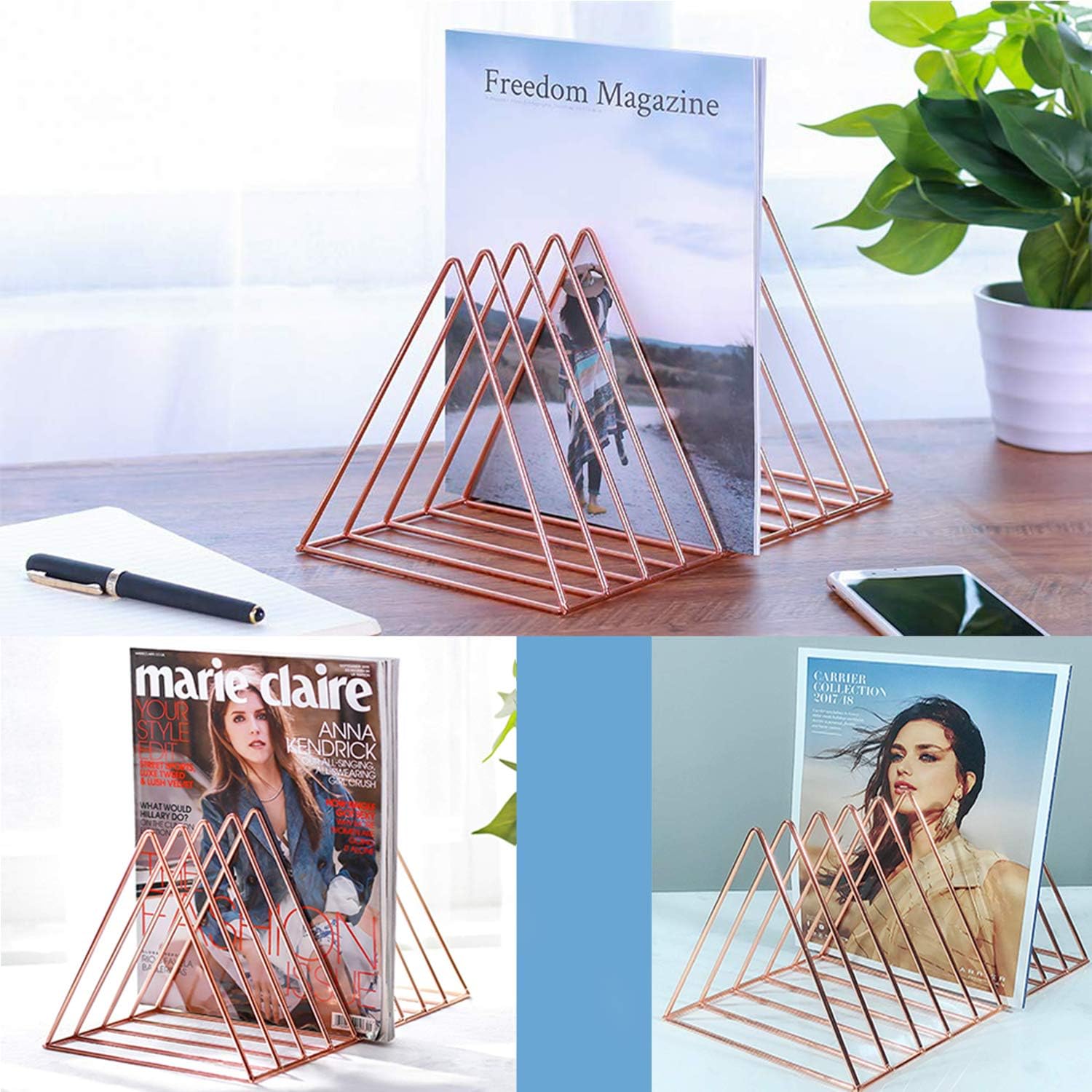 Reliancer File Organizer Triangle Iron Desktop Storage Book Rack Bookshelf Copper Magazine Newspaper Holder Art Desktop Organizer Wire Collection 9 Section for Office Home Decoration(Rose Gold): Home Improvement