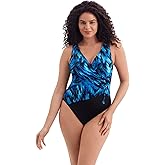 Longitude by Mimi Flamingo Women's Swimwear Summer Waves Shirred Faux Tie Long Torso One Piece Swimsuit, Blue, 12